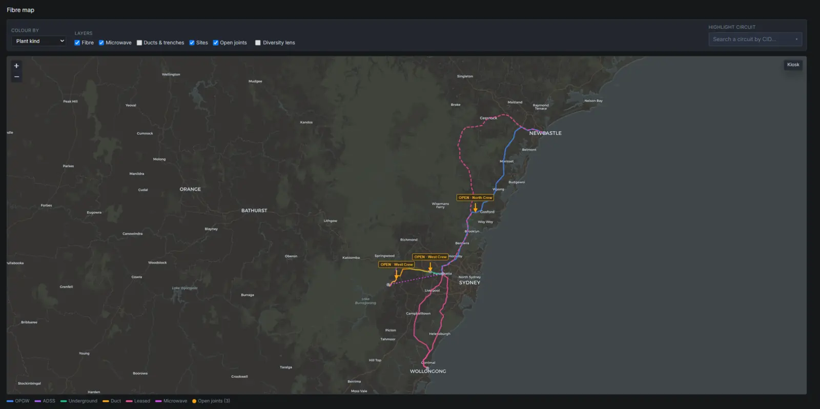 Cofferdam fibre map of New South Wales showing OPGW, ADSS, duct and leased spans between sites, with two open joints flagged by crew name